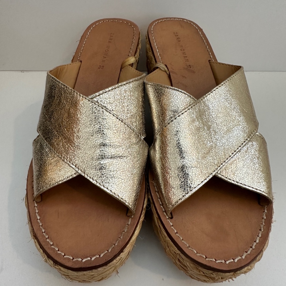Zara Gold Metallic Espadrille Platform Slides Size 38